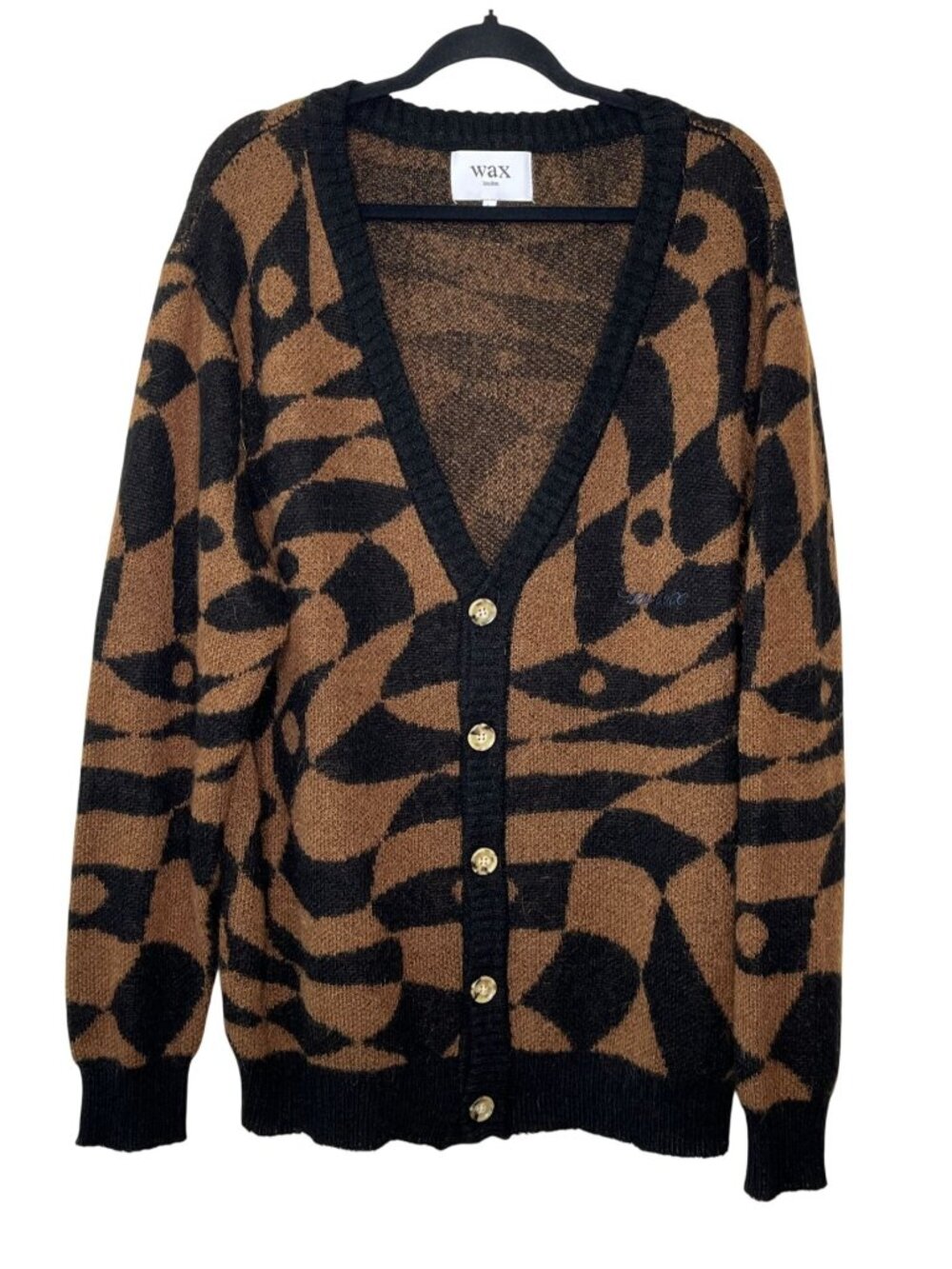 Wax London Brown Black Pattern Cardigan Sweater Size L Wool Blend